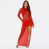 Women's Red Collar Body-Body-Groomed Ass Dress Sexy Cross-Sliced Perspective Mesh Dress Woman