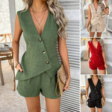 Dili 2025 Spring/Summer Leisure Solid-Color Holiday Style Buttoned R-Shirts And Arma Shorts Suit Women's Suit