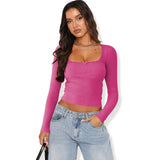 2025 New Long-Sleeved T-Shirt Women's Fashion Brand Slim Lace Spliced Hottie Top U Collar Thin Bottom Shirt