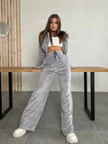 New 2025 Fashion Women's Long-Sleeved Collar Zipper Open-Fleet Tweed Trousers 68HZ