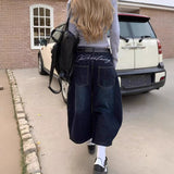 Embroidery Stitching Scissors Jeans Women's Summer Design Sense Of Loose Retro High-Waist Broad-Legged Seven-Point Pants 68HZ