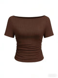 Hottie Solid Color Boat Collar Horn Sleeve T-Shirt Girl 2025 Autumn Dress Folds Thin Tops Long Sleeve
