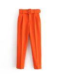 New Casual Pants Slender Slim Slim Belt Decorated Solid Color Straight Sue Nine-Point Pants