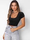 Women's Summer And Autumn Short-Sleeved T-Shirt U-Neck Solid-Colored Knitted Shirt Hottie Tight-Num Girl Tops Short-Sized