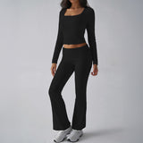 Dili 2025 Autumn And Winter Pure Color Casual Knitted Long-Sleeved Top Yoga Suit Two Pants Set