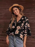 2025 Southeast Asian Summer New Loose V-Neck Temperament Commuter Horn Lace Jersey Chiffon