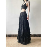 Vintage Temperament Strap Spliced Half Skirt Autumn And Winter Retro Dark High Waist Thin Strap A Word Long Skirt Tide 68HZ