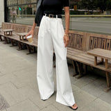 White Commuting Style Suit Pants Women Fashion High-Waisted Leisure Pants Loose Simple Drag Trousers 68HZ