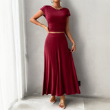 Dili 2025 Spring And Summer Short-Sleeved Women's Temperament Solid Color Short-Sleeved Skirt Set