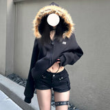 Vintage Hair Collar Zip Open Shirt Hoodie Hoodie Girl Y2k Loose Plus Thick Coat Tide 68HZ
