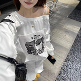 Print Spliced Lace Slanted Shoulder Long-Sleeved Sweater Woman Y2K New Loose Design Sense Niche Sports Top 68HZ