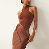 New Women's Round-Neck Sleeveless Body-Clic Splicing Long Dress Fashion Hollow Dress
