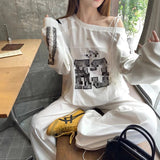 Print Spliced Lace Slanted Shoulder Long-Sleeved Sweater Woman Y2K New Loose Design Sense Niche Sports Top 68HZ