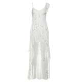 2025 Summer New Women's Pure Color Repair Height Waist Fashion V Tie Strap Bare Back Dress 68HZ