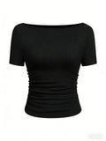Hottie Solid Color Boat Collar Horn Sleeve T-Shirt Girl 2025 Autumn Dress Folds Thin Tops Long Sleeve