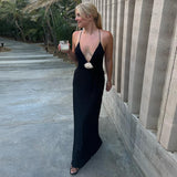 2025 New Sling Belt Deep V-Neck Bare Back Dress Solid Color French High-End Temperament Dress