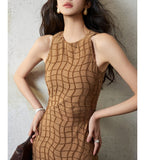 Spring And Summer New Elastic Bright Silk Tug Round Neck Cut Shoulder Slim Slim Temperament Waist Dress