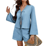 Dili 2025 Spring/Summer Leisure Holiday Wind Solid Colored Cardigan Shirt Shorts Suit Women's Suit