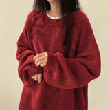 Casual Pure Color Open Fork Knitted Knitted Women Loose Long-Sleeved Round Sweater Autumn And Winter New 68HZ