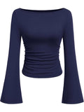 Hottie Solid Color Boat Collar Horn Sleeve T-Shirt Girl 2025 Autumn Dress Folds Thin Tops Long Sleeve